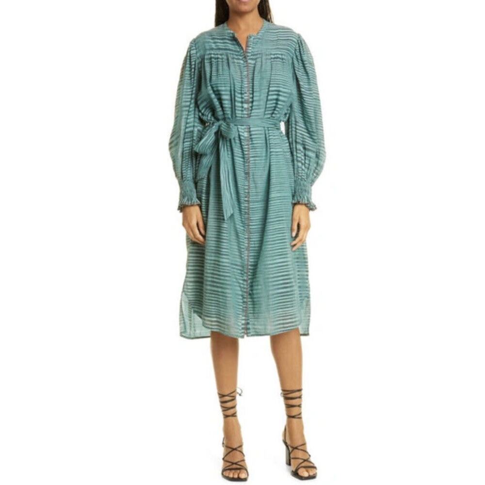 Ulla Johnson Teal Lightweight Peasant Prairie Fiora‎ Striped Midi Dress Size 8